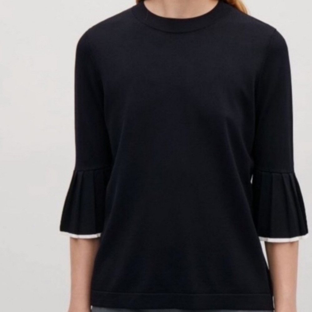COS black viscose top ruffle sleeves white XS